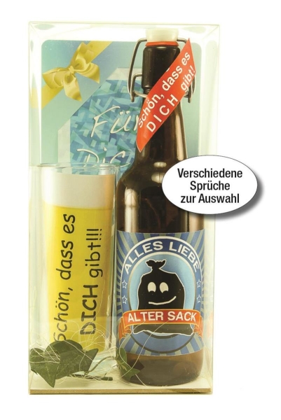 Bier-Geschenkset mit Spruch, 0,5ltr. Bierflasche und Glas in Geschenkbox