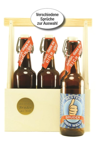 6er Bier-Tr&auml;ger aus Natur Holz, 6 Fl. Bier mit Spruch-Wunschetikett inkl.Plakette
