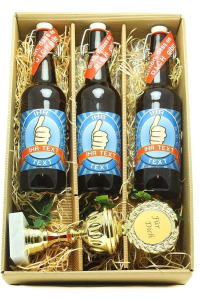 Pr&auml;sentkarton Bier und Pokal Wunschtext per Mail