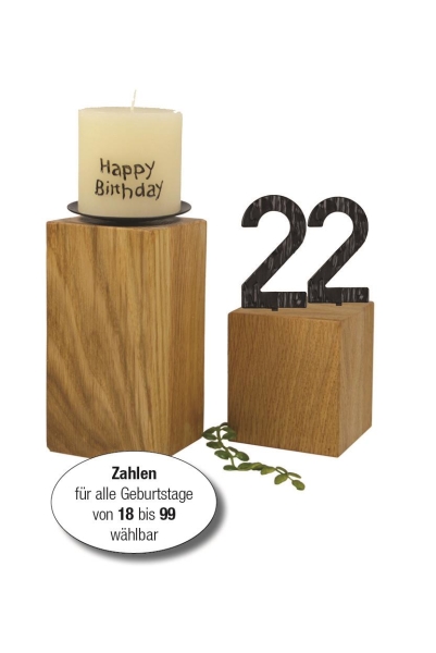 Holz-Leuchter Set in Eiche ge&ouml;lt mit Zahlen aus Metall und Kerze Happy Birthday