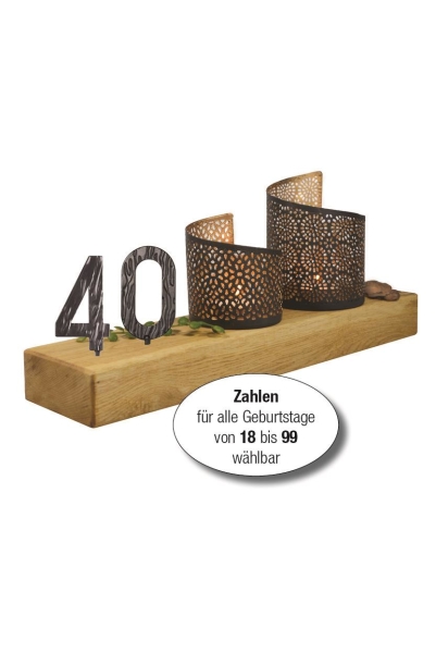 Edle Eiche Holz Dekoration 10x35x4cm mit 2 Windlichter inkl. Teelicht und Zahlen