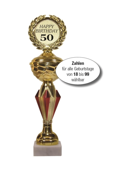 Goldener Pokal auf Marmorsockel mit Wunschzahl Gravur Plakette zum Geburtstag